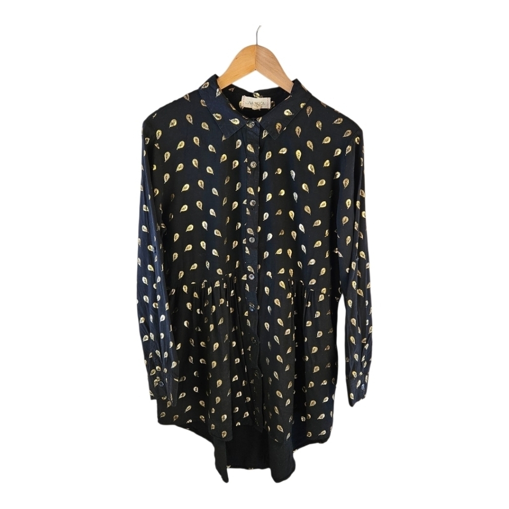 LUNA Moon Buttoned Tunic Black With Embroidered Gold Feathers Size XL​​​